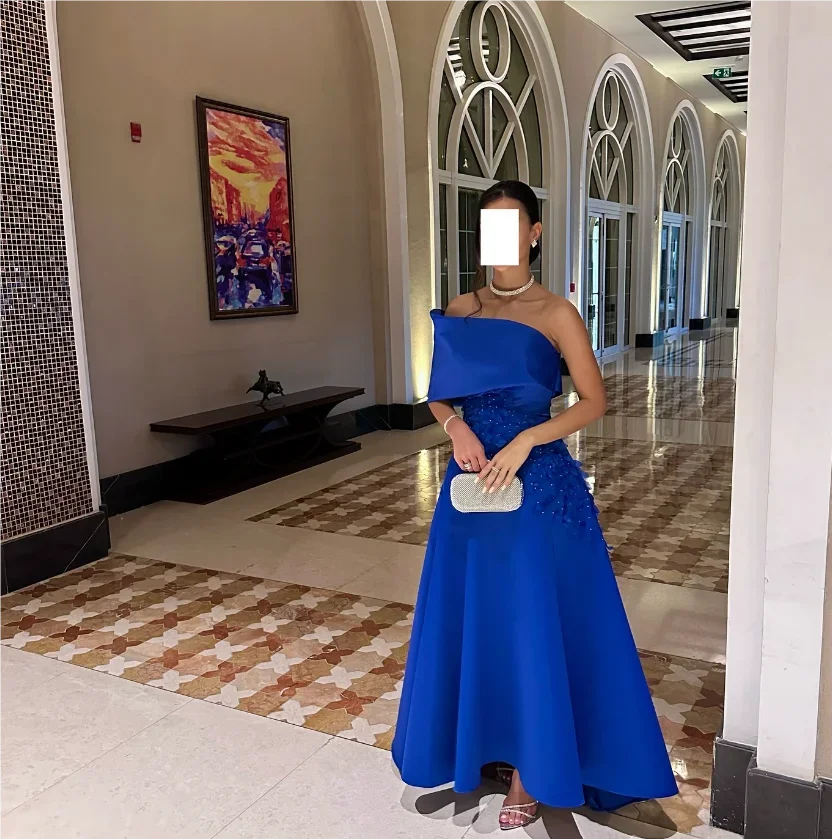 Customized Ankle Length Grace Beaded Blue Vestidos De Fiesta Wedding Dress Plus Size Long Dress Robe De Soirée Vert فساتين ال