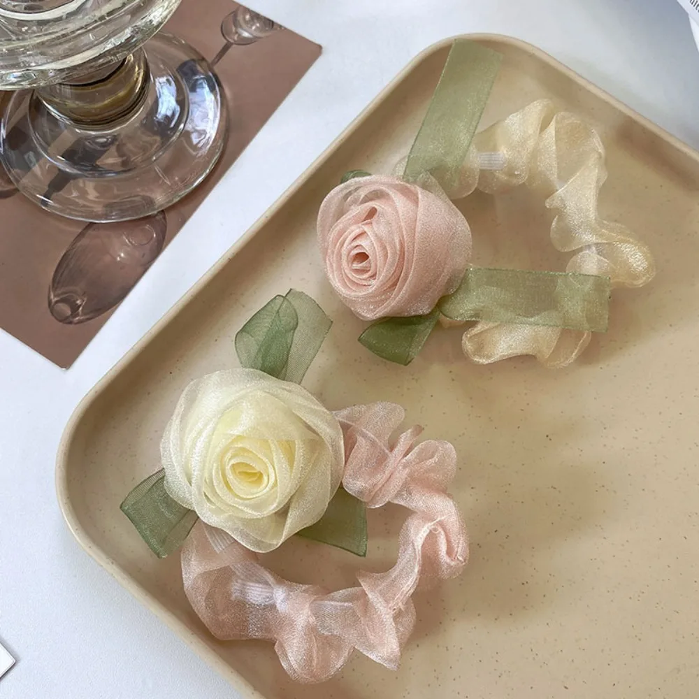 Sweet Rose Yarn Flower Hair Scrunchies Women Mesh Large Hair Rope Girl Hair Tie Simple Ins Headdress Hair Ring Ponytail Holder