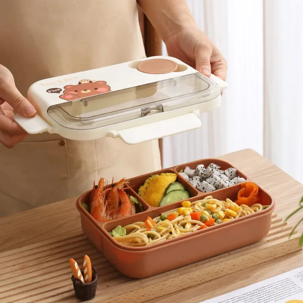 Cartoon Cute Bear 4-Grid Lunch Box Including Tableware Lunch Bento Box for Students Office Workers Can Be Heated By Microwave