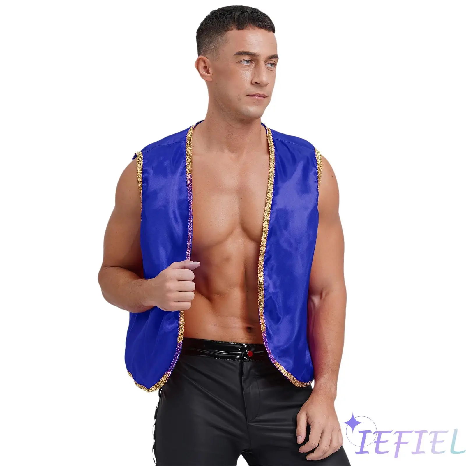 

Mens Halloween Deluxe Arabian Prince Stain Vest Shiny Gold Trim Open Front Curved Waistcoat Indian Arabian Cosplay Costumes