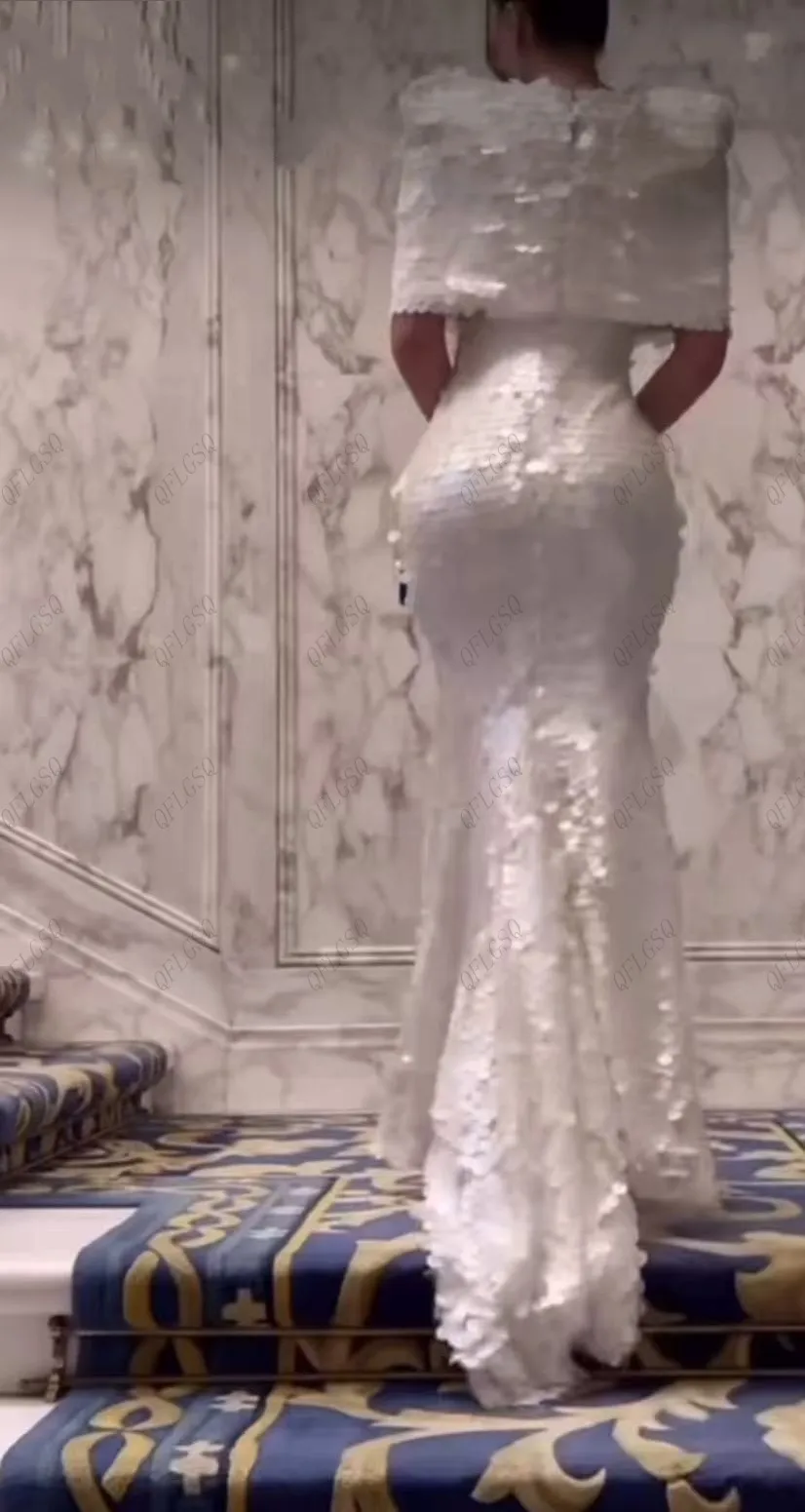 Oszałamiające suknie balowe z cekinami, z rękawami, do ziemi, eleganckie sukienki damskie w stylu Dubai, białe sukienki wieczorowe z cekinami szyte na miarę.