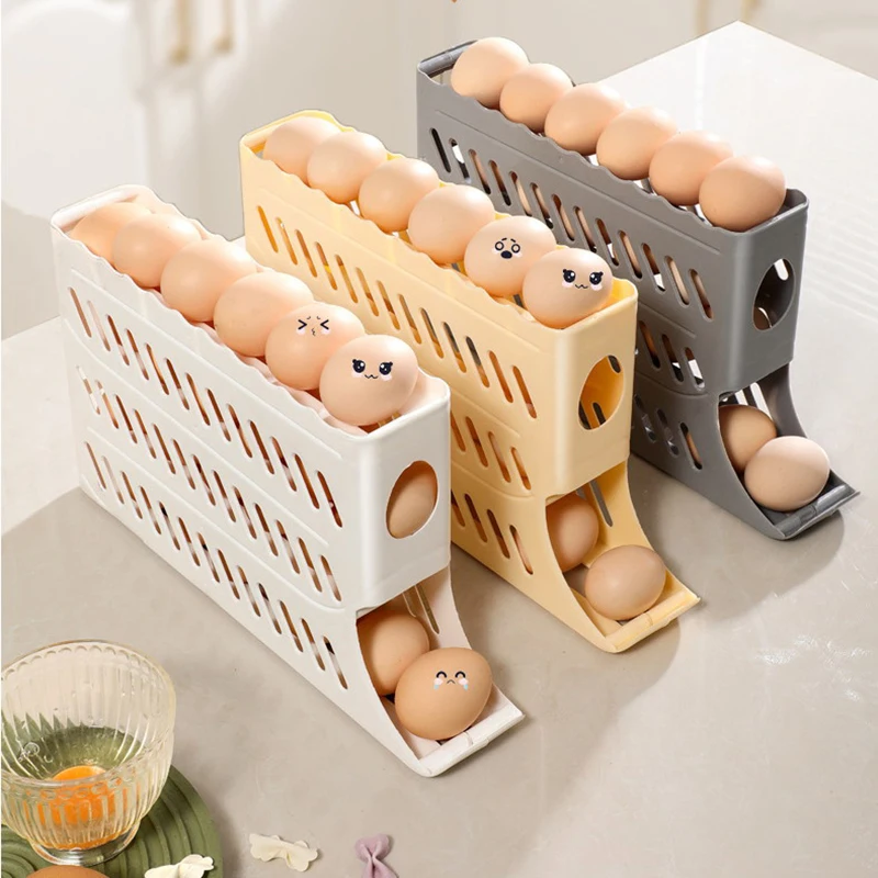 

1pc Fridge Side Door Egg Holder Large Capacity Egg Holder 4-Tier Auto Rolling Egg Storage Rack For Kitchen Countertop Cabinets