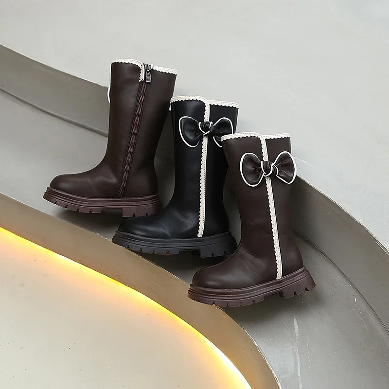 

Spring Autumn Children Fashion Boots 2025 New Round-toe Girls Platform Leather Boots Versatile Kids Knee High Boots with Bowknot