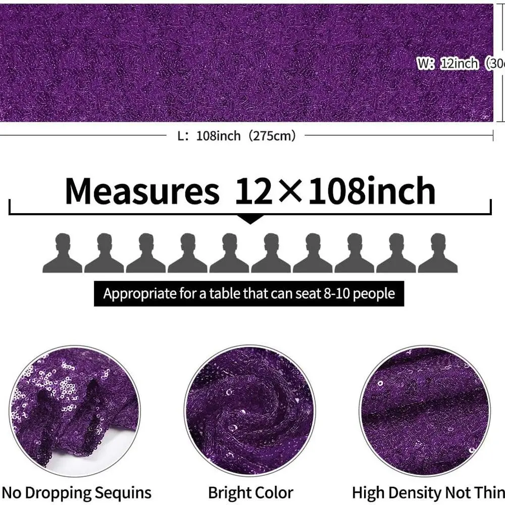 مفارش طاولة بالترتر الأرجواني، مجموعة من 10 قطع، 12 قدم × 108 بوصة، مثالية لحفلات الزفاف وأعياد الميلاد والحفلات والاستحمام