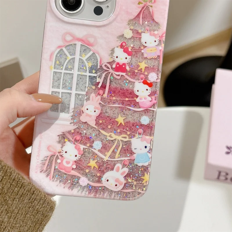

Kawaii Cute Christmas Wish Tree Hello Kitty Sparkling phone Case For iPhone 13 14 15 16 17 Pro Max Cartoon Kitty Glitter Cover