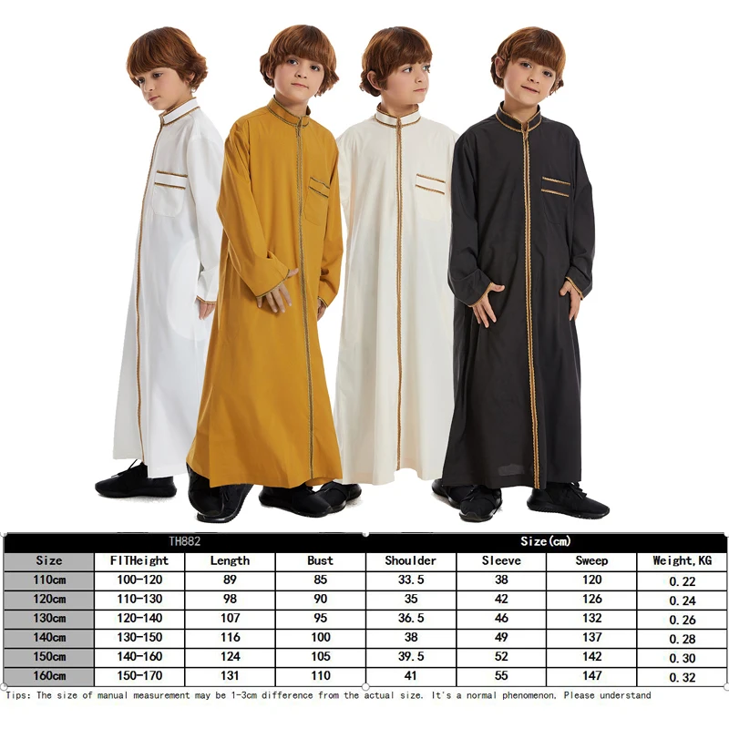 Boy's Muslim Middle East Arab Boys Solid Color Full Zipper Thobe Long Sleeve Kaftan Embroidered Robe Islamic Arabic Abaya Thobe