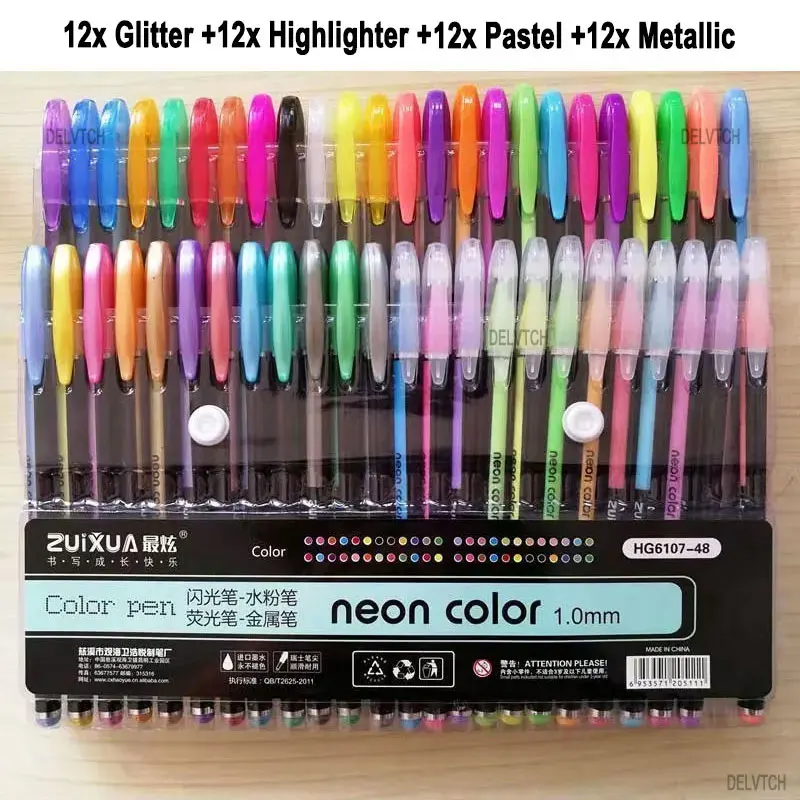 12/24/36/48 Neon Color Glitter Metallic Fluorescence Highlighter Gel Pen 1.0mm Tip For Art Sketch Painting Drawing Kids Graffiti