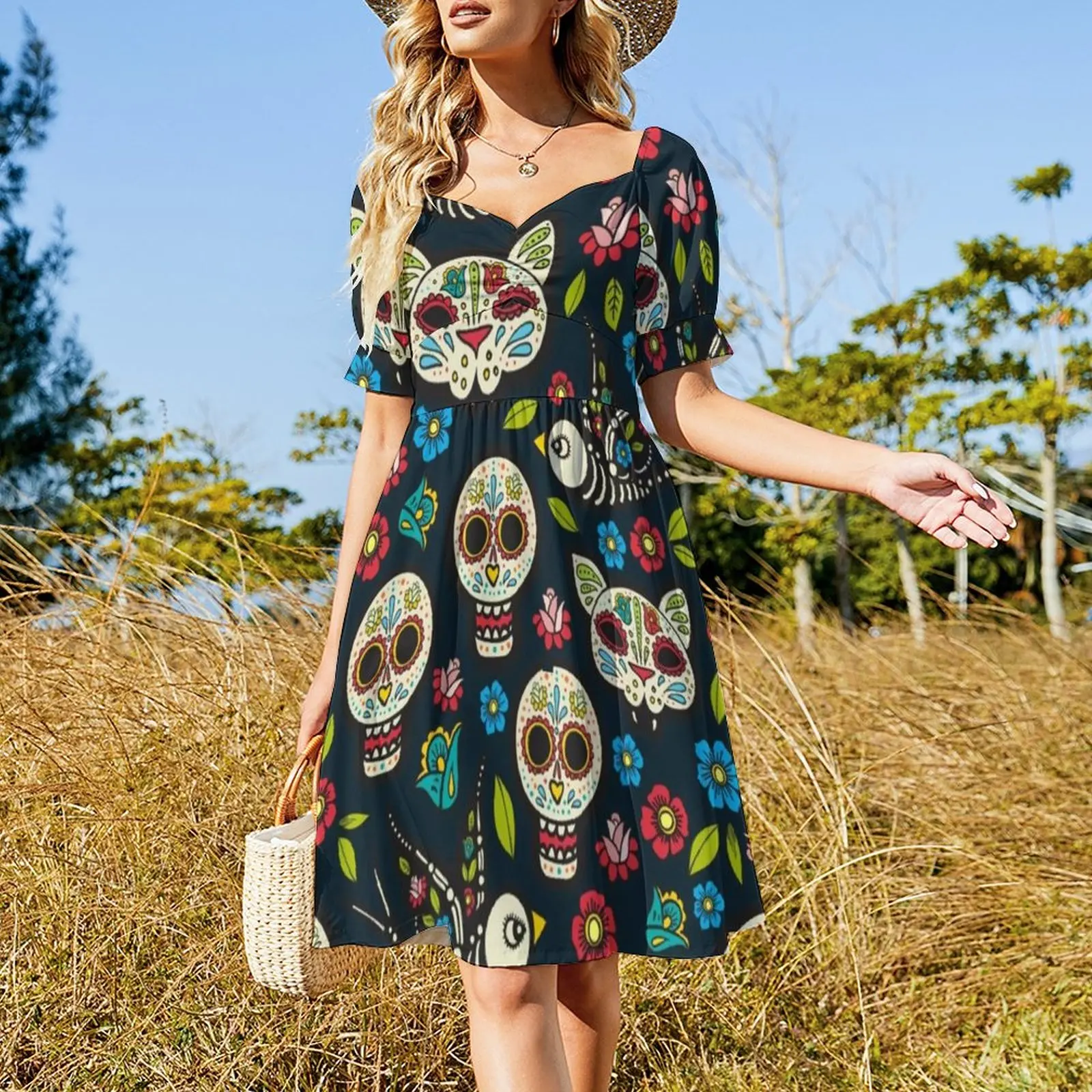 Halloween Day of The Dead Dress Sexy V Neck Mexican Traditional Celebrates Skulls Cute Dresses Stylish Big Size Casual Dress