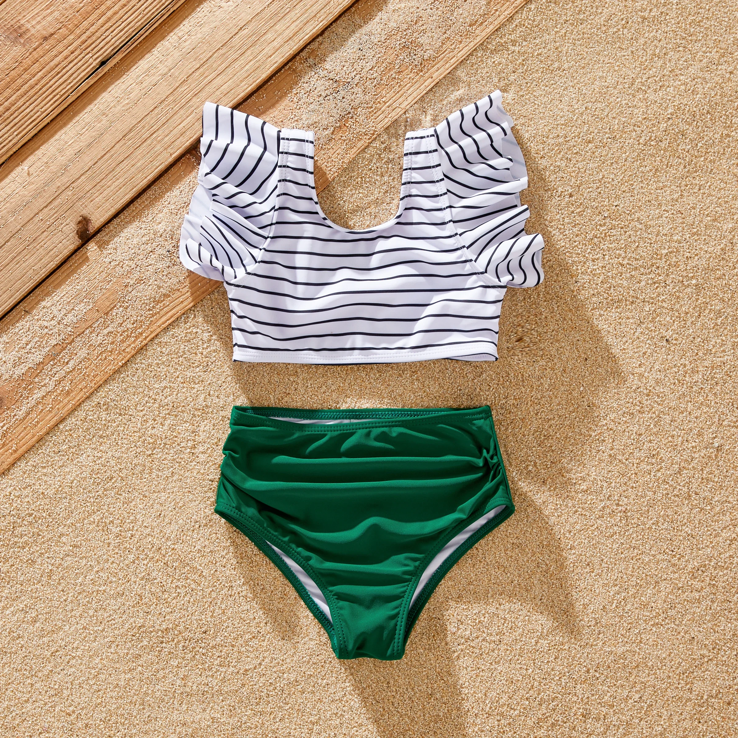 PatPat Family Matching Color Block Drawstring Swim Trunks or Stripe Cross Front Two-Piece Swimsuit Suitable for Summer Season