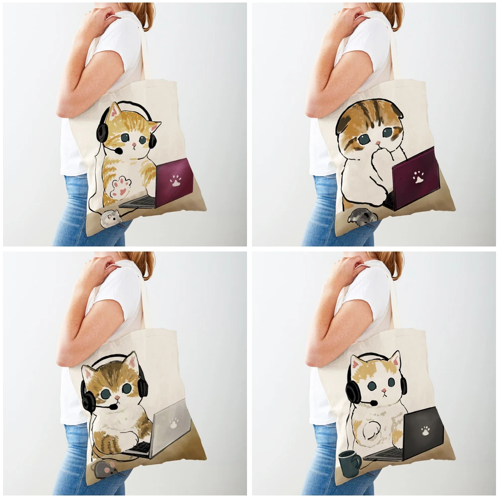 Kawaii Funny Cat Hamster Women Shopping Bags Tote Handbag Animal Both Print Canvas Foldable Cloth Lady Shoulder Shopper Bag