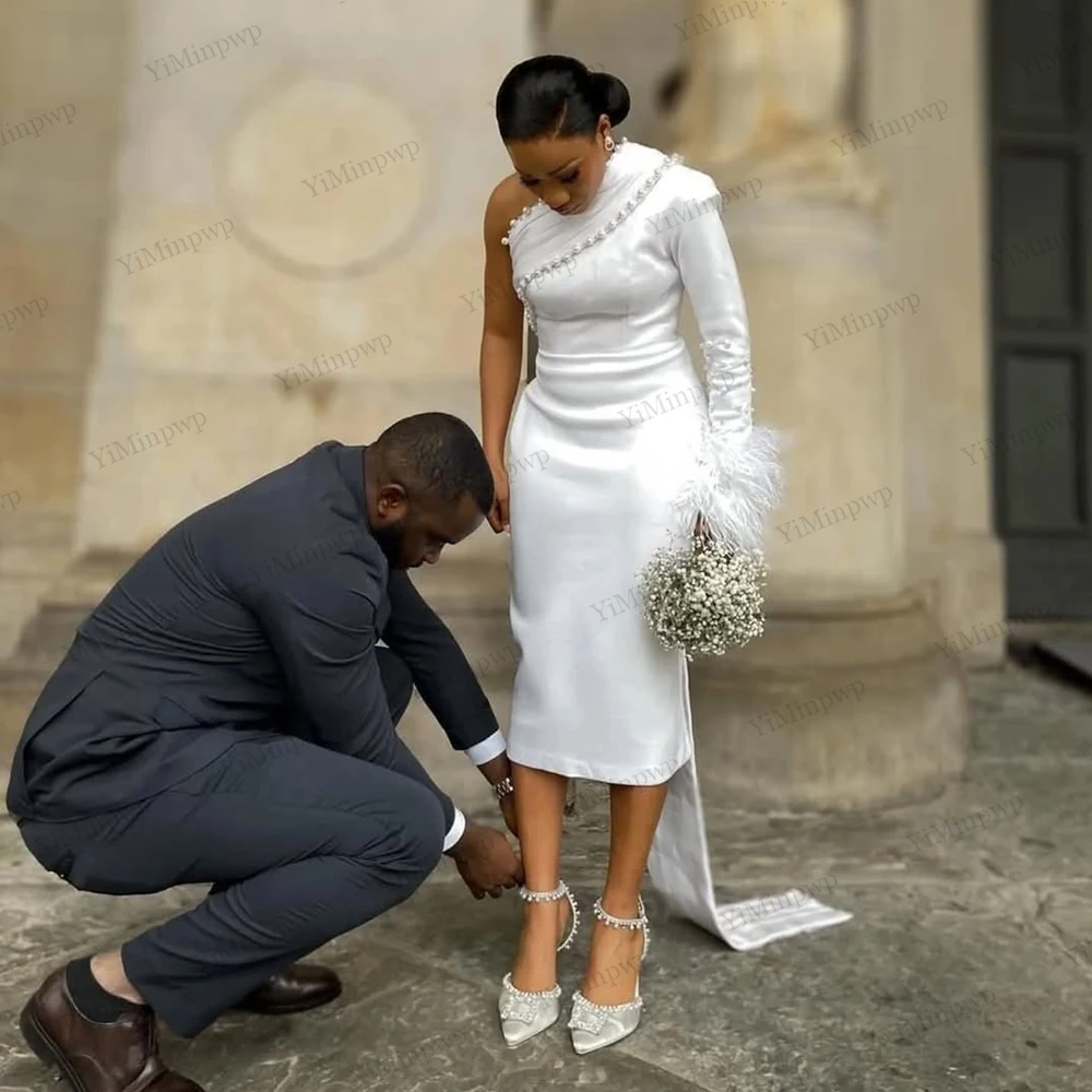 One Shoulder Beaded Full Sleeve Civil Wedding Dresses Feature Full Sleeve Straight Satin wedding reception dress Customized