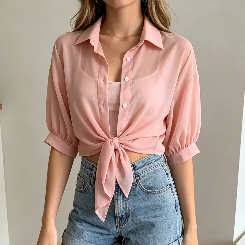 

Summer Sun-protective clothing Casual Loose Clothes Elegant Solid Color Tied Waist Blouse Bat Half Sleeve Button Chiffon Shirt