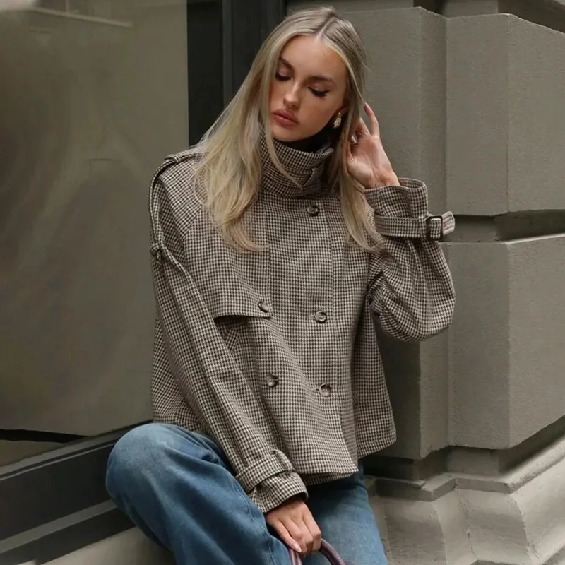 Tornova الشارع الشهير منقوشة طباعة سترة معطف المرأة الوقوف طوق كم طويل جيب الربط موضة الخريف الشتاء معطف الإناث #4