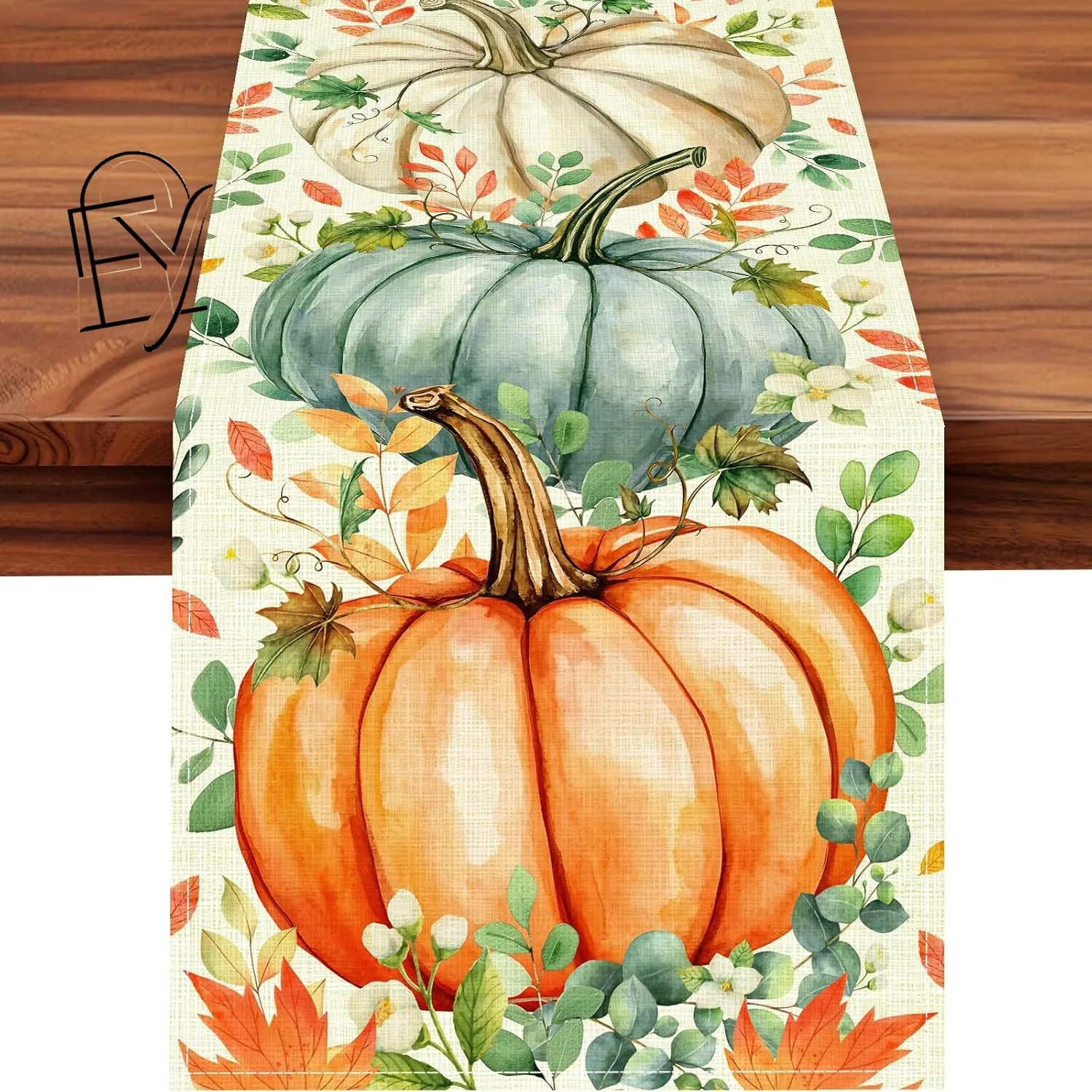 Linen Table Runner Pumpkin with Berry  Pinecone Watercolor Off White Fall Table Centerpiece  Autumn Dinner