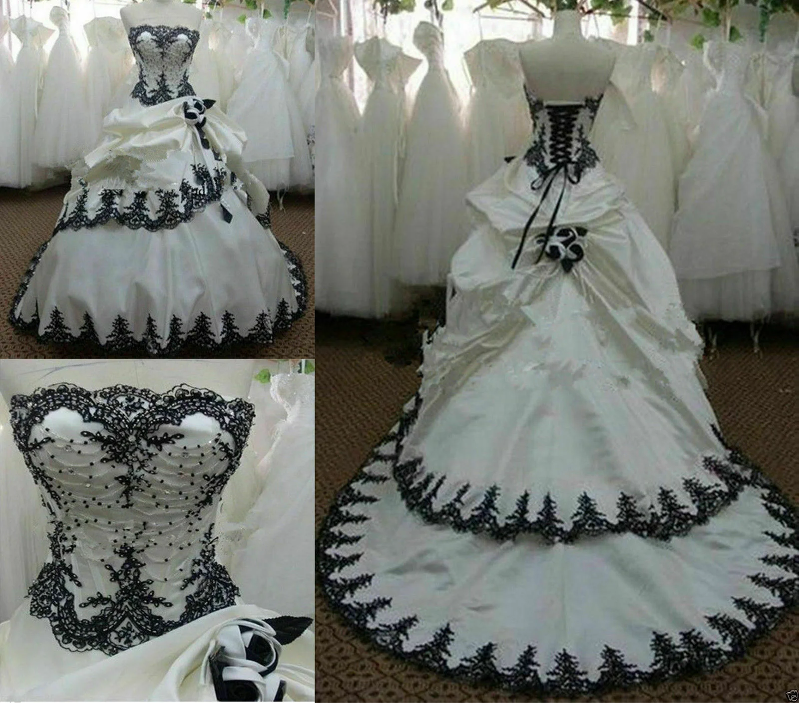 

Vintage Taffeta Wedding Dress Gothic Black And White Bridal Gowns Back Lace Up Corset Customized Robe De Mariage Chapel Train