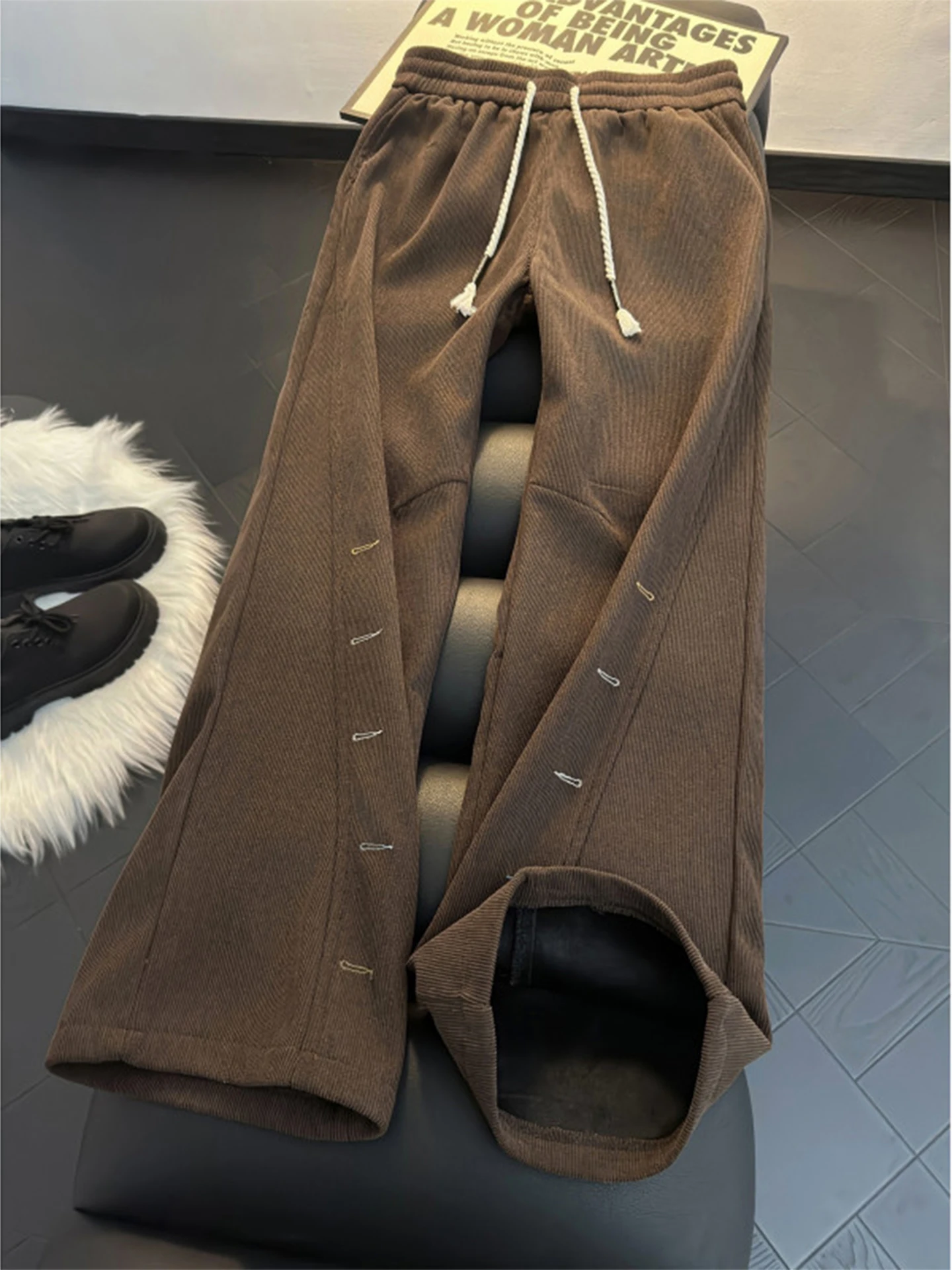 

Мужские вельветовые брюки американского стиля с вышивкой, цвета хаки, осенне-зимние, утепленные, прямого кроя, с расклешенными штанинами, теплые повседневные брюки