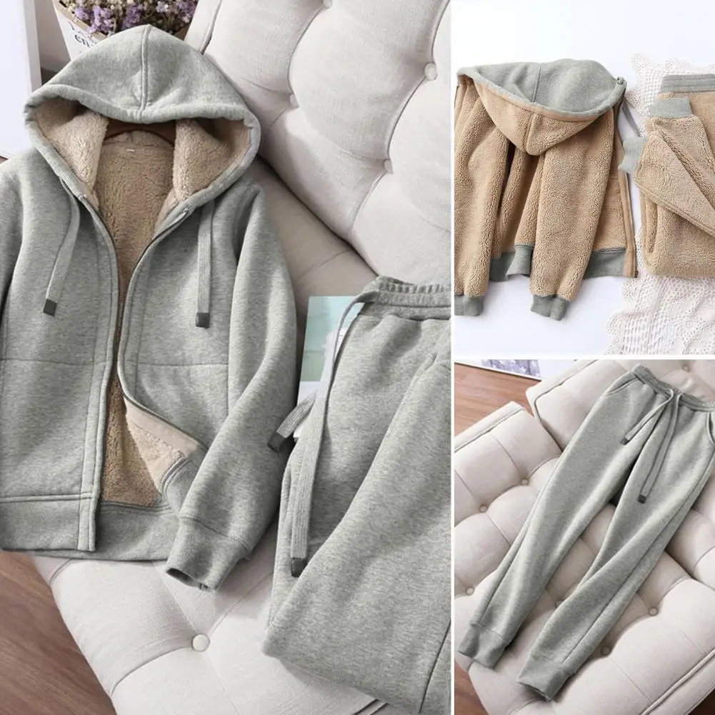 1 Set Coat Pants Set  Solid Color   Women Winter Suit Autumn Winter Women Sports Suit