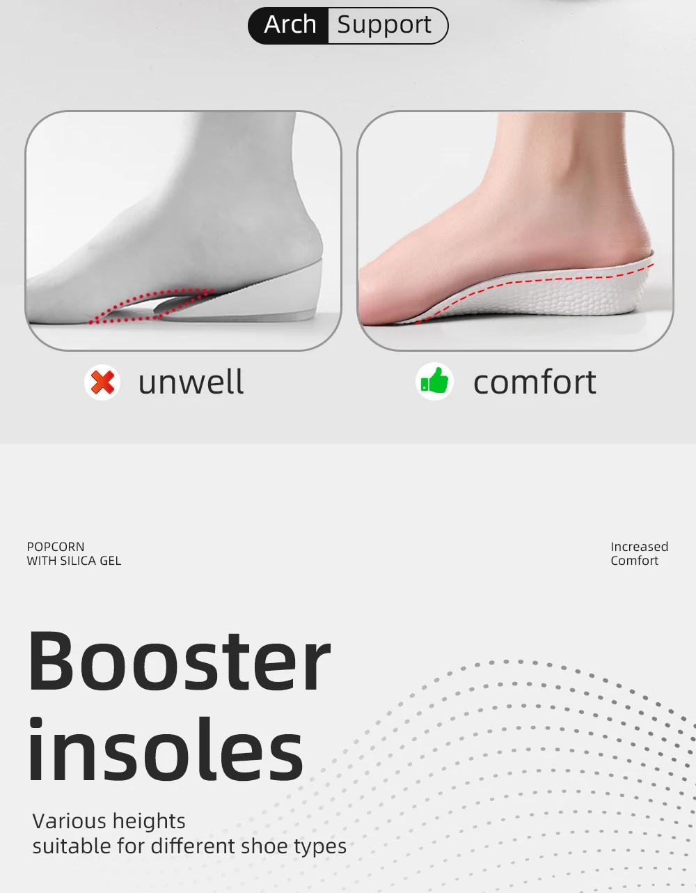 Fußgewölbeunterstützung, Höhenerhöhung, Einlegesohlen, halbe Polster, orthopädisch, atmungsaktiv, Memory-Schaum, 7-Punkte, hebt Schuhpolster, Unterstützung für Plattfüße – Detail 5
