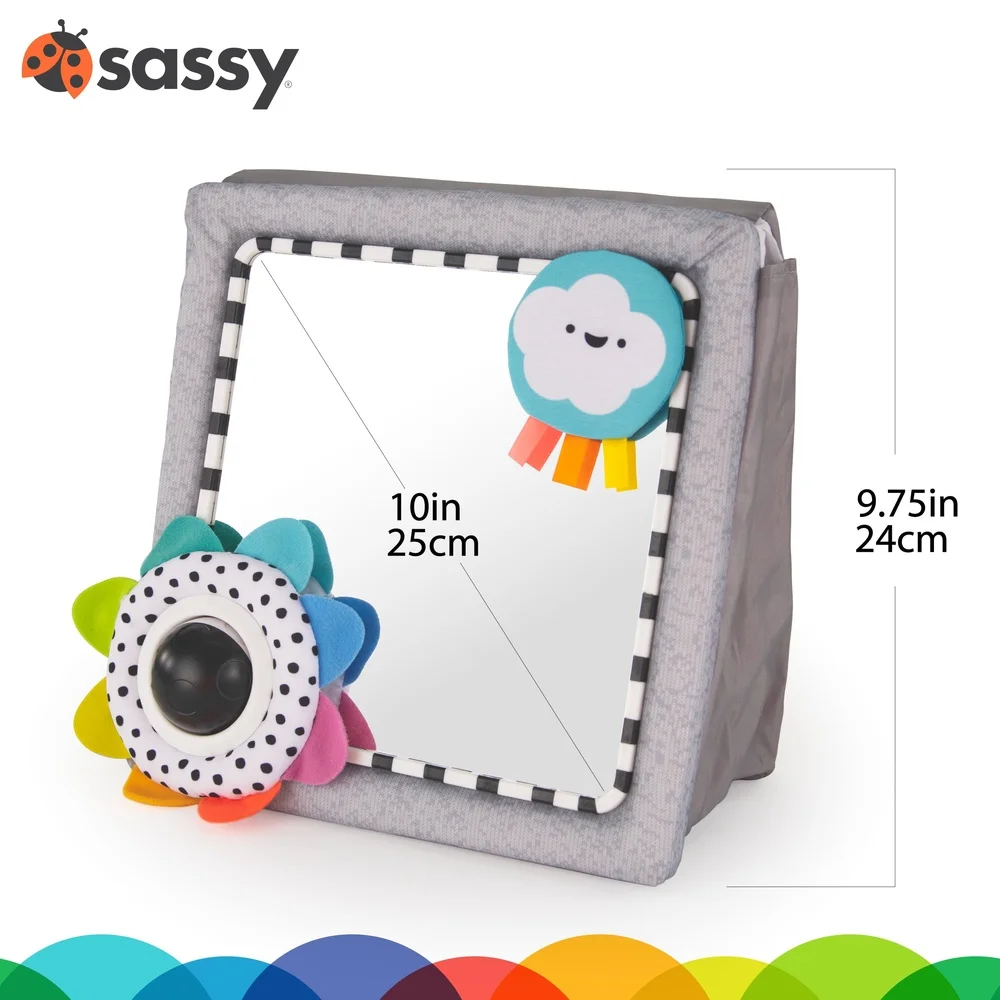 Espejo de suelo para bebé Tummy Time con colores de alto contraste, caballete ajustable seguro resistente a roturas, bola de seguimiento trasero para recién nacidos