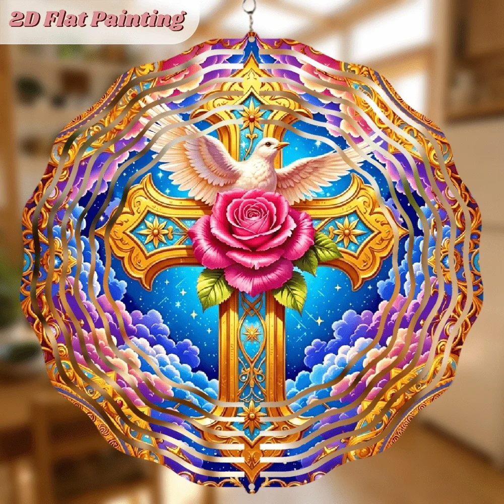 2D Flat, Two-dimensional Flat Design,  Round Two-dimensional Flat Wrought Iron Wind Chime, Adorned with Cross and Dove Patterns