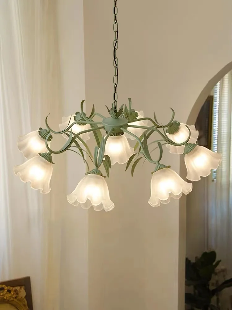 Glass Flowers Led Chandelier Green for Bedroom Living Dining Room Home Modern Retro Hanging Pendant Lamp Luminaire Lighting 2022