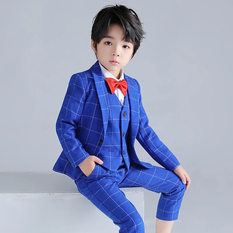 Boys Royal Blue Jacket Vest Pants Bowtie Photograph Suit Children Piano Party Dress Gentleman Kids Ceremony Performance Costume