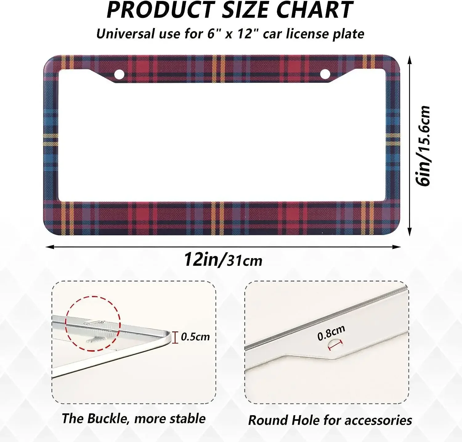 Dark Plaid Pattern Car License Plate Frame 2 Pack License Plate Holder with 2 Holes Car Tag Frame for Women Men US Vehicles