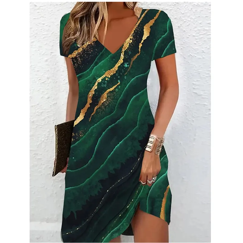 Women Short Sleeve V-Neck A-Line Dress Marble Pattern 3D Print Dress 2023 New Oversizd Casual Elegant Female Mini Dress Vestidos