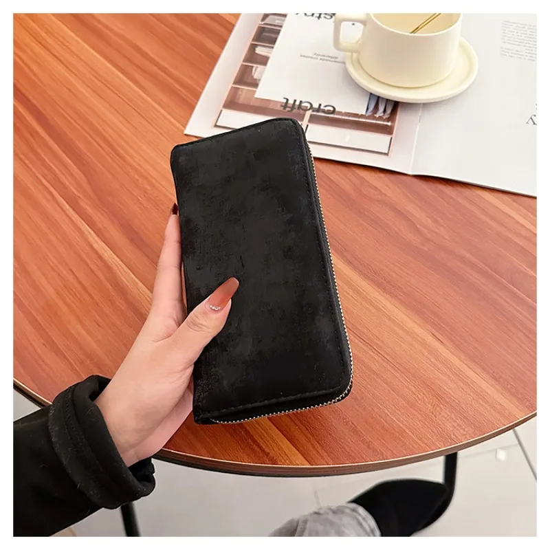 Solid Thread Zipper Long Faux Suede Wallet Simple Card Holder Note Compartment Clutch Bag 2024 Hot Sale Bags for Women Billetera