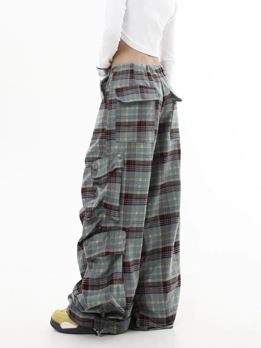 2024 Dames y 2k Streetwear Mode Trending Baggy Cargo Plaid gestapelde broek Koreaanse stijl nieuwe herfst kleding Harajuku mode