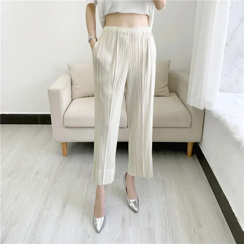 GGHK Pleated Straight Nine-minute Pants 2024 Summer Casual Fashion Versatile Women's Pressed Pleated Pants High-waisted Skinny