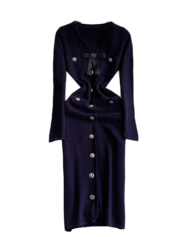 Ele Sweet Knot V-Ne Dr للسيدات للخريف والشتاء بقصة ضيقة وزر واحد طويل Dr Faionable عالي الخصر A-Li...