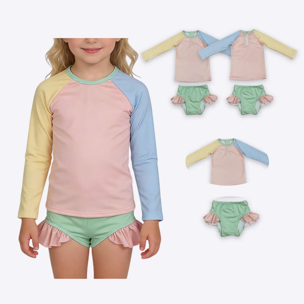 

Summer Baby Girl Yellow Aqua Blue Pink Patchwork Top Ruffle Bummies Swimsuits Kids Children One Piece Swimsuit Clothes Wholesale