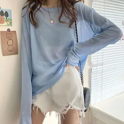 Summer New Net Yarn Thin T Shirt Tops Long Sleeve Round Neck Loose All Match Pullovers Simplicity Fashion Women Clothing