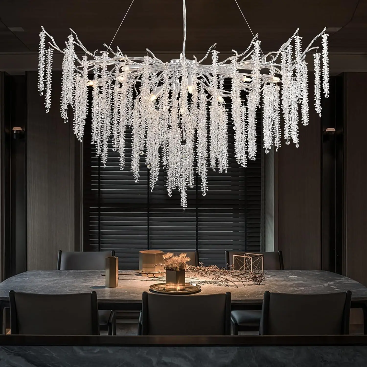 Large Crystal Pendant Lamp for Dining Room Rectangle Hanging Lights Fixtures for Kitchen Island Branch Pendant Lights Gold