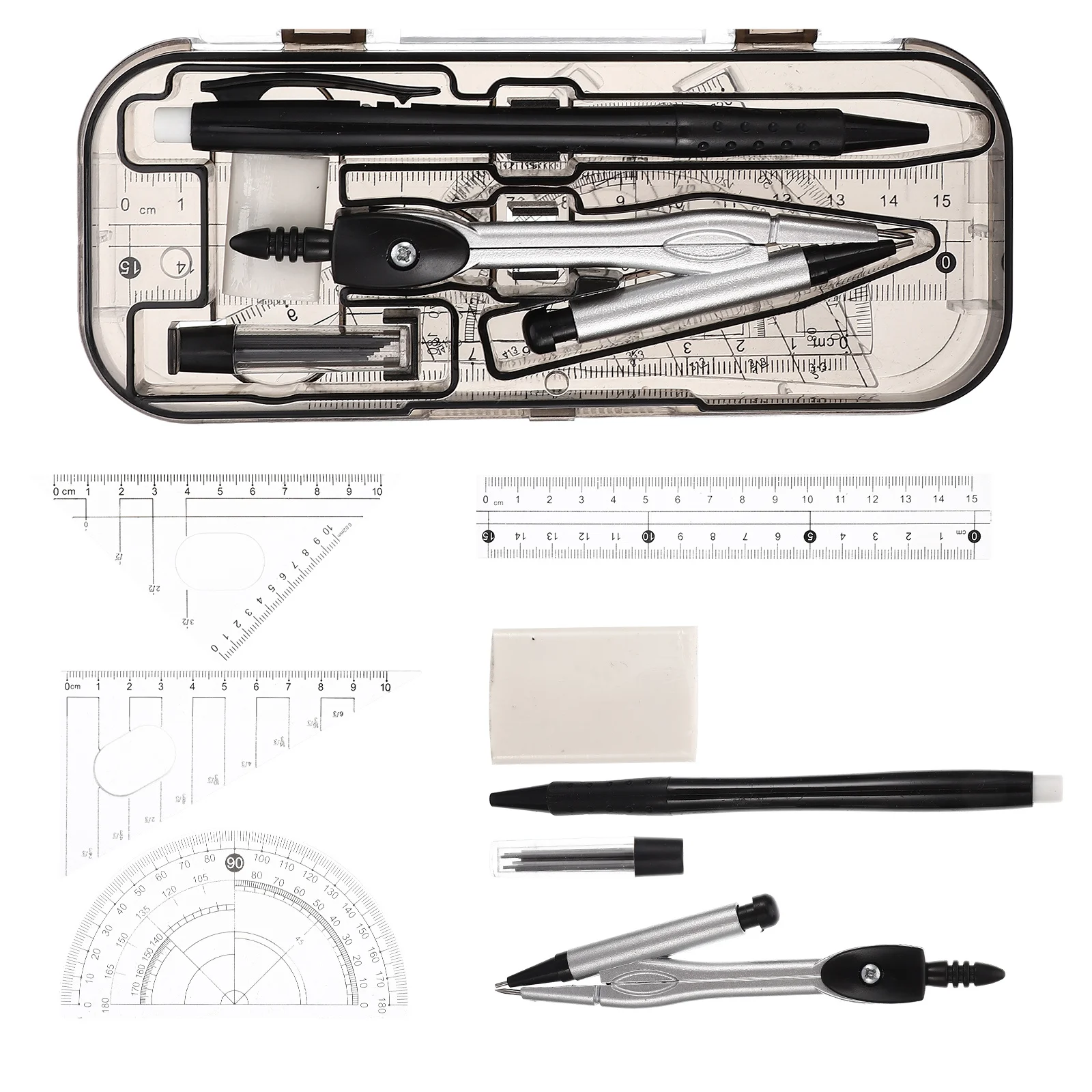 1Set Drawing Compass Ruler Kit Clear Plastic Scale Multifunctional Measuring Tools for Students Architects Engineers Art Design