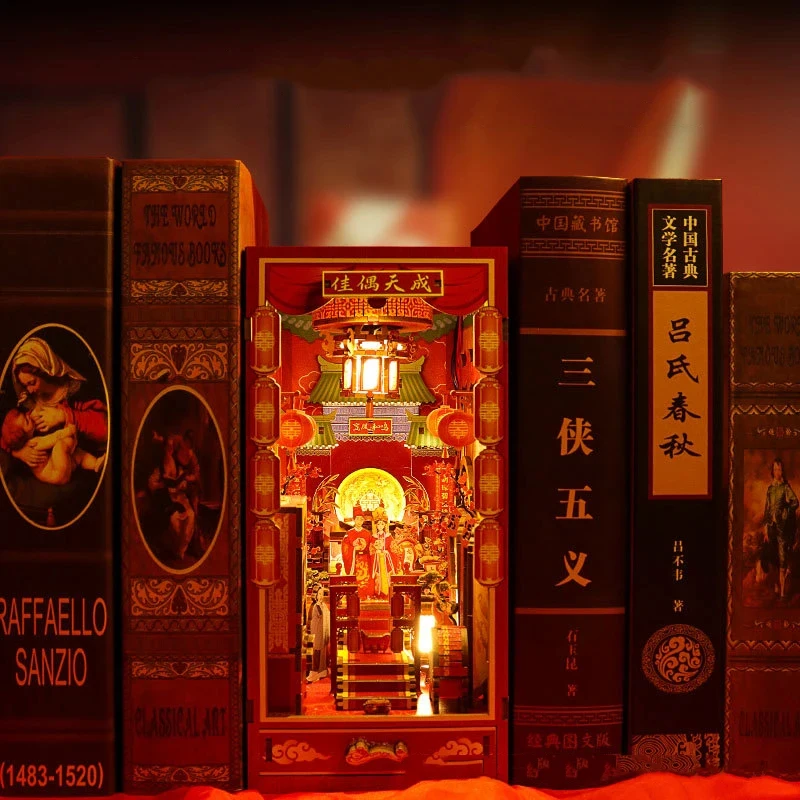 

OUZEY DIY Chinese Wedding Wooden Book Nook Shelf Insert with Light Miniature Model Kit Bookshelf Decor for Friends