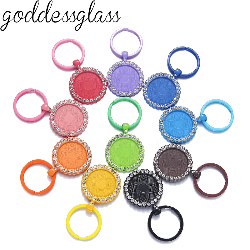 10pcs Colorful Keychain With Pendant Crystal rim Bezel Blank Fit 25mm Cameo Glass Cabochon Base Setting DIYKey ring Supplies