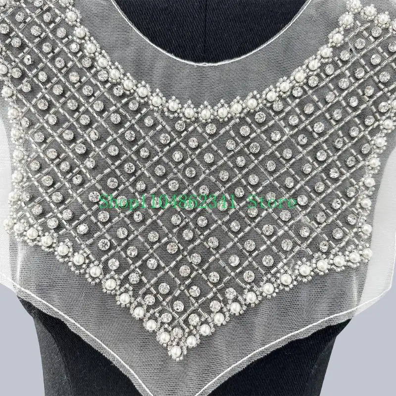 5ASD أنيقة أورجانزا من طوق الدانتيل خط العنق مع أحجار الراين لؤلؤة الخرز خياطة على بقع لثوب الزفاف فستان DIY