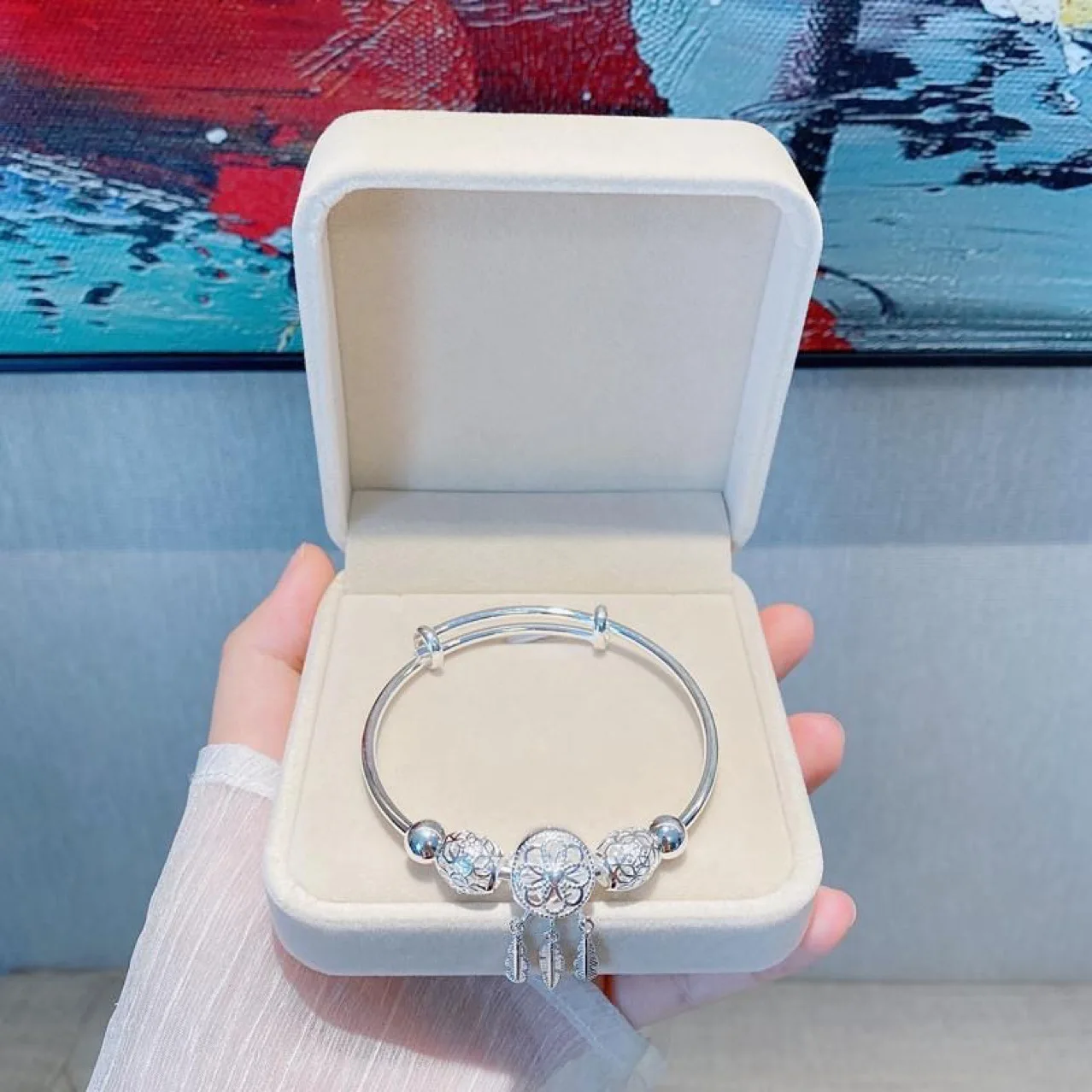 

Fine 925 Sterling Silver Dreamcatcher Tassel Feather Lucky Bead Bracelet Bangle Fashion Original Jewelry Couple Gifts