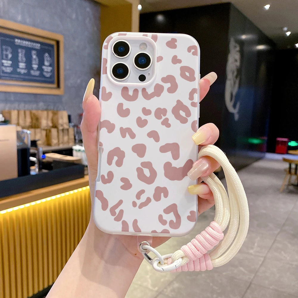 Чехол для телефона 2-в-1 с ремешком на запястье iPhone 17 11 13 12 14 15 16 Pro Max XS XR X 7 8 Plus Air леопардовым принтом и шнурком