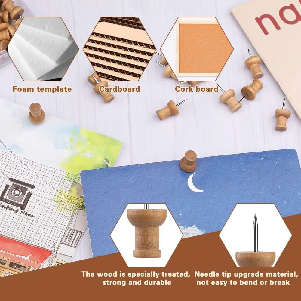 20/60Pcs Wooden Push Pins Thumb Tacks for Decorative Wall Bulletin Board Map Pins Natural Wood Color image 2