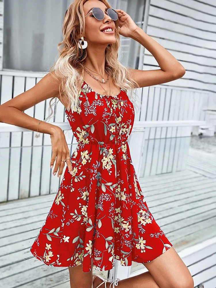 Sexy Floral Print Short Dress Women Summer Fashion Black Backless Beach Sundress Casual Sleeveless Lace-up New In Dresses 2024 image 3