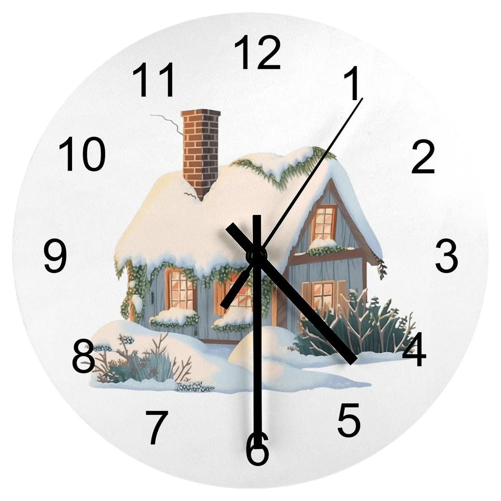 

Farm Wall Clock Christmas snow scene house Clocks 12 inch Mute Wooden Round Artistic Circular Abstract