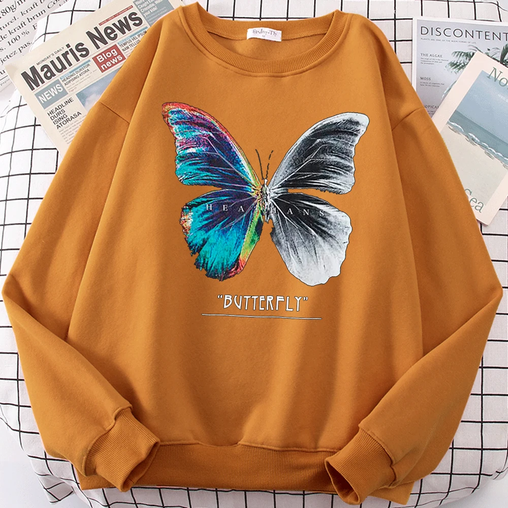 Casual Street Women\'S Pullover Butterfly Half Color Half Black And White Print Hoody Comfortable Sweatshirts Loose Soft Tops