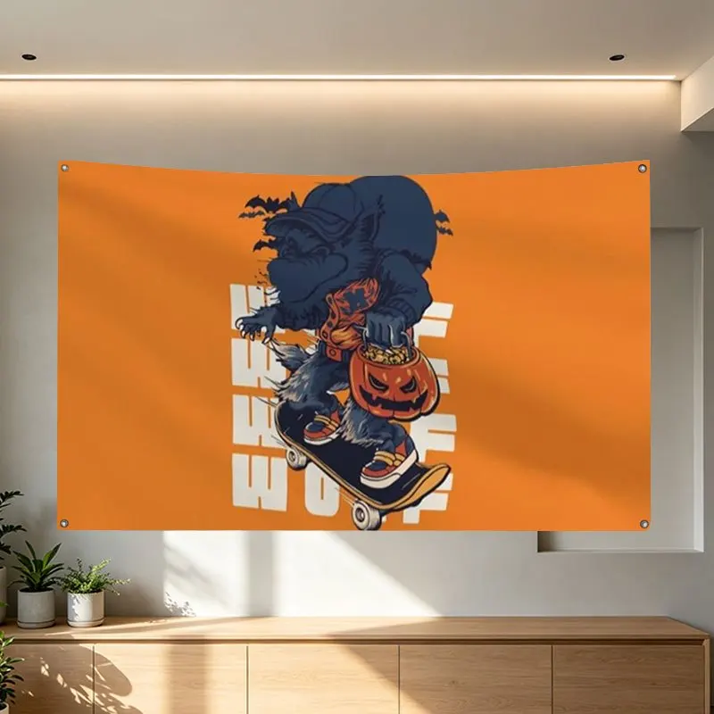 Scary Halloween Banner Flag Wall Tapestry Spooky Monster Skater Pumpkin Fall Autumn Party Decoration Poster Gift