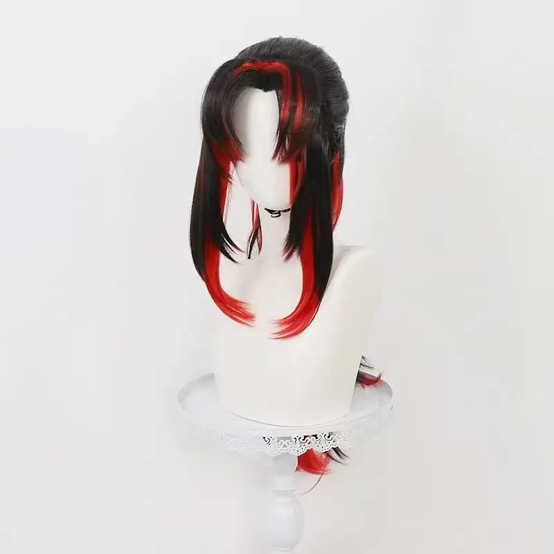 Anime Kokushibo & Yoriichi Tsugikuni Cosplay Wig Black Red Ombre Long Ponytail Heat-Resistant Synthetic Fiber Hair Rose Net