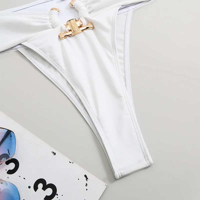 bikini sexy a fascia in metallo tinta unita set due pezzi costumi da bagno stropicciati a vita alta costumi da bagno costume da bagno costumi da bagno biquini tankini