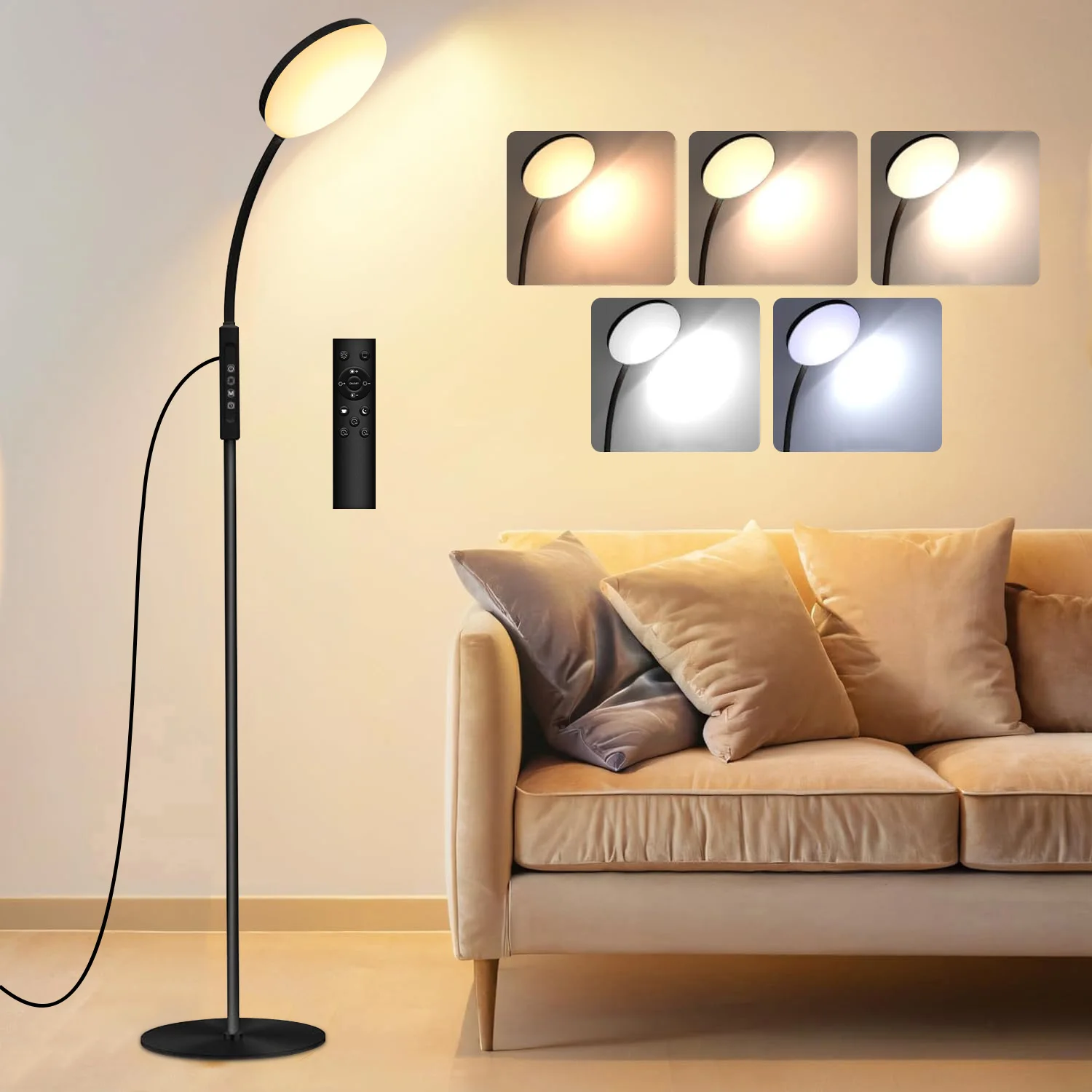 

Светодиодный торшер для гостиной, торшер с регулируемой яркостью и дистанционным управлением, торшер для чтения на гибкой стойке для спальни, офиса