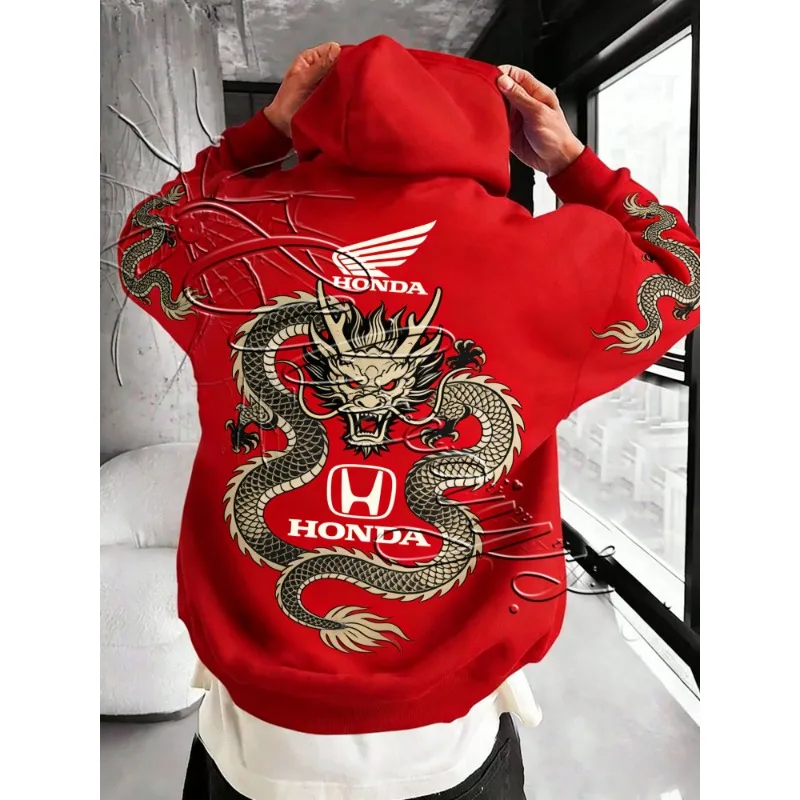

2026Специальное издание, модный мотоциклетный костюм в стиле ретро с рисунком дракона, HondaRacing Enthusiast, теплая спортивная толстовка с капюшоном, мужская одежда
